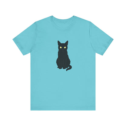 Glowing-Eyed Black Cat Shirt – Dark Theme Feline Stare for Maximum Spook and Minimal Effort. Unisex Jersey Short Sleeve Tee