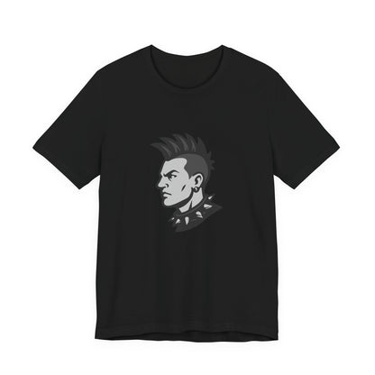 Punk Guy Graphic T-Shirt – Dark Theme Grayscale Mohawk Portrait on Black Tee with Attitude and Subtle Modern Ghost Effect. Unisex Jersey Short Sleeve Tee