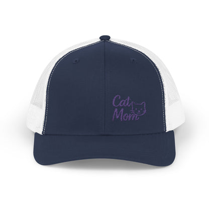 Cat Mom Trucker Hat – Embroidered Minimalist Cat Face Hat for Proud Pet Moms and Stylish Feline Fans. Purple Letters