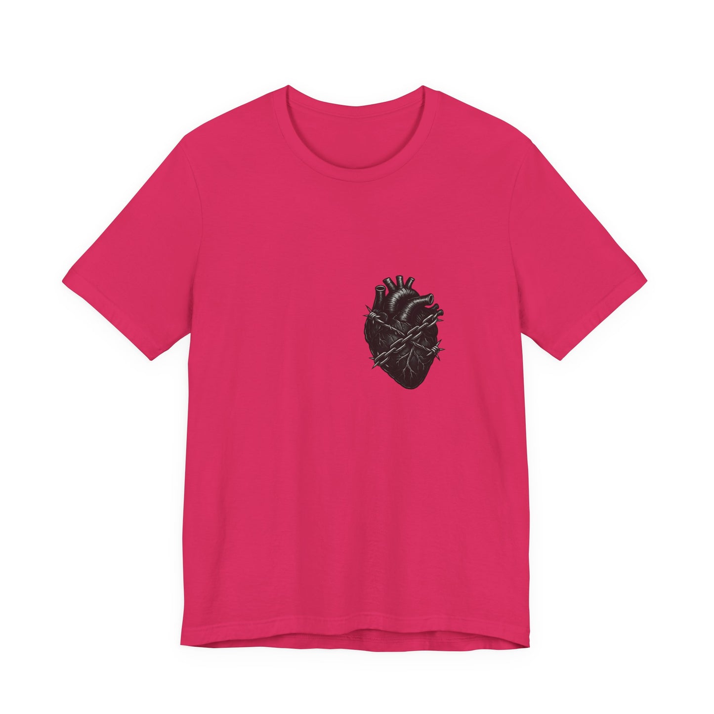 Heart in Chains Shirt – Dark Theme Anatomical Heart Wrapped in Barbed Wire and Commitment Issues. Unisex Jersey Short Sleeve Tee