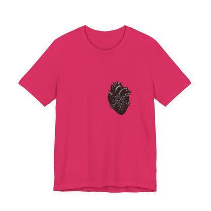 Heart in Chains Shirt – Dark Theme Anatomical Heart Wrapped in Barbed Wire and Commitment Issues. Unisex Jersey Short Sleeve Tee