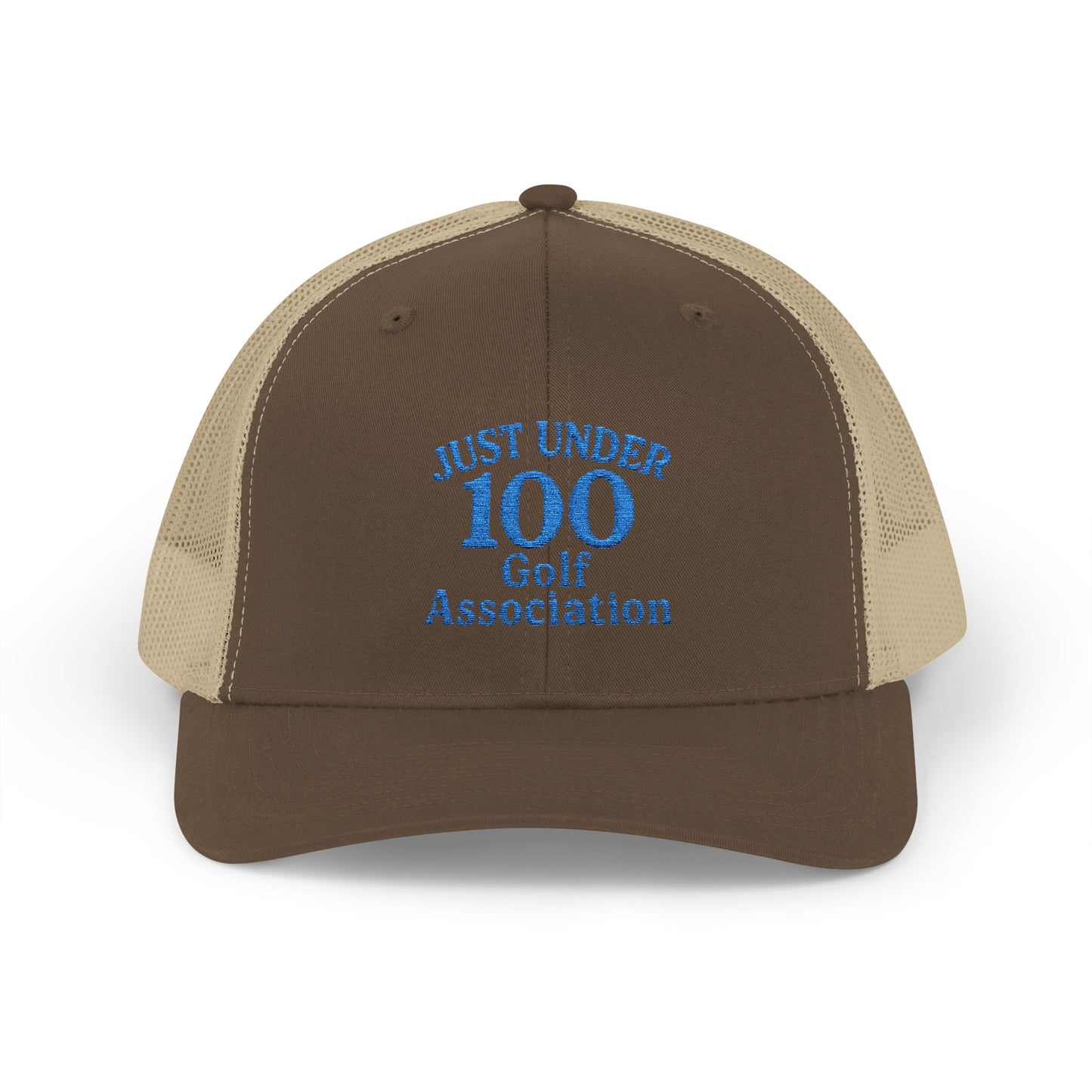 Just Under 100 Golf Trucker Hat – Embroidered Funny Golf Hat for Weekend Golfers and Casual Fairway Vibes. Blue Letters