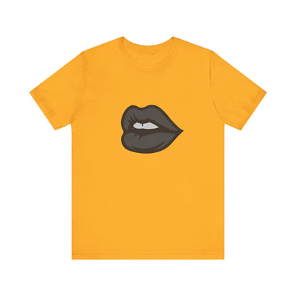 Dark Lips Graphic T-Shirt – Dark Theme Grayscale Biting Lip Design on Black Tee with Subtle Seduction and Modern Ghost Effect. Unisex Jersey Short Sleeve Tee