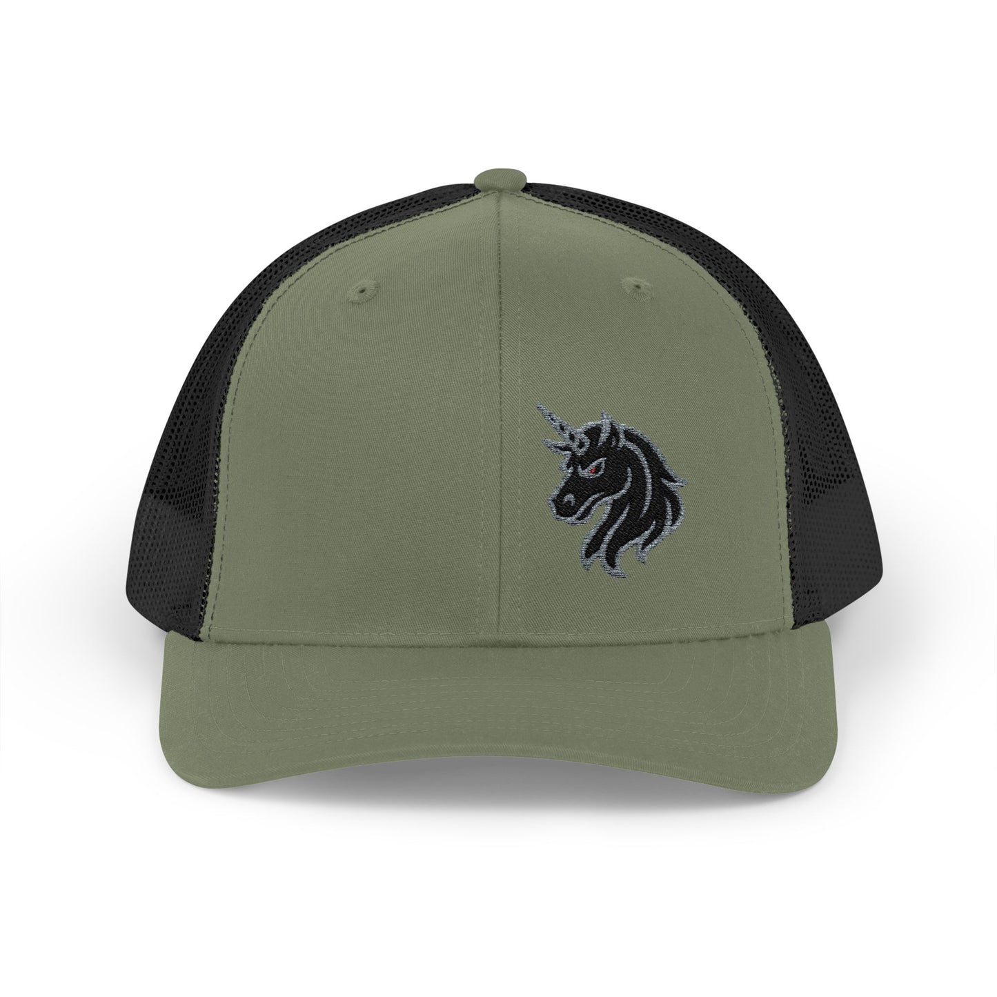 Angry Unicorn Trucker Hat – Embroidered Gothic Fantasy Hat with Red Eyes and Fierce Horned Design
