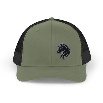 Angry Unicorn Trucker Hat – Embroidered Gothic Fantasy Hat with Red Eyes and Fierce Horned Design