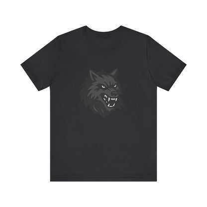 Dark Theme Wolf Head Shirt – Fierce Growling Wolf Face Graphic in Black and Grey for Bold, Edgy Style. Unisex Jersey Short Sleeve Tee