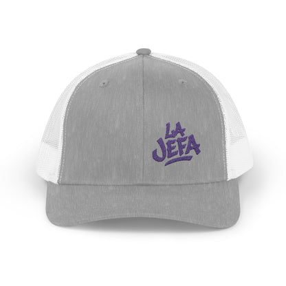 La Jefa Trucker Hat – Embroidered Latina Boss Hat for Bold Women. Purple Letters