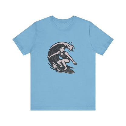 Surf Girl Graphic T-Shirt – Dark Theme Grayscale Female Surfer Riding Wave on Black Tee with Flow State Energy and Modern Ghost Effect. Unisex Jersey Short Sleeve Tee