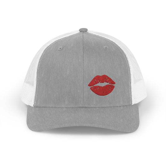 Red Lips Trucker Hat – Embroidered Pop Art Hat with Kiss Design