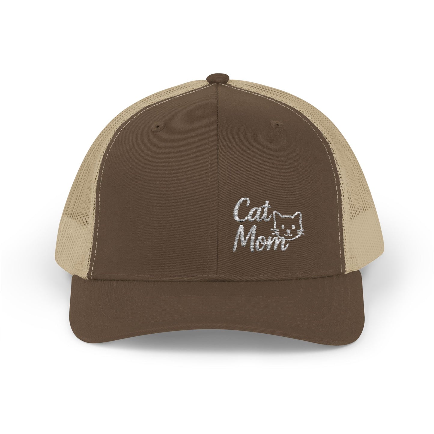 Cat Mom Trucker Hat – Embroidered Minimalist Cat Face Hat for Proud Pet Moms and Stylish Feline Fans. White letters