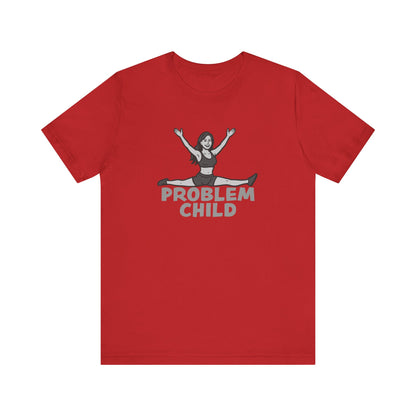 Problem Child Graphic Tee Cheerful Rebel Jump Pose in Bold Dark Theme Monochrome Style. Unisex Jersey Short Sleeve Tee