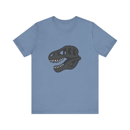 T-Rex Skull Graphic T-Shirt – Dark Theme Grayscale Dinosaur Skeleton Design on Black Tee with Prehistoric Edge and Modern Ghost Effect. Unisex Jersey Short Sleeve Tee