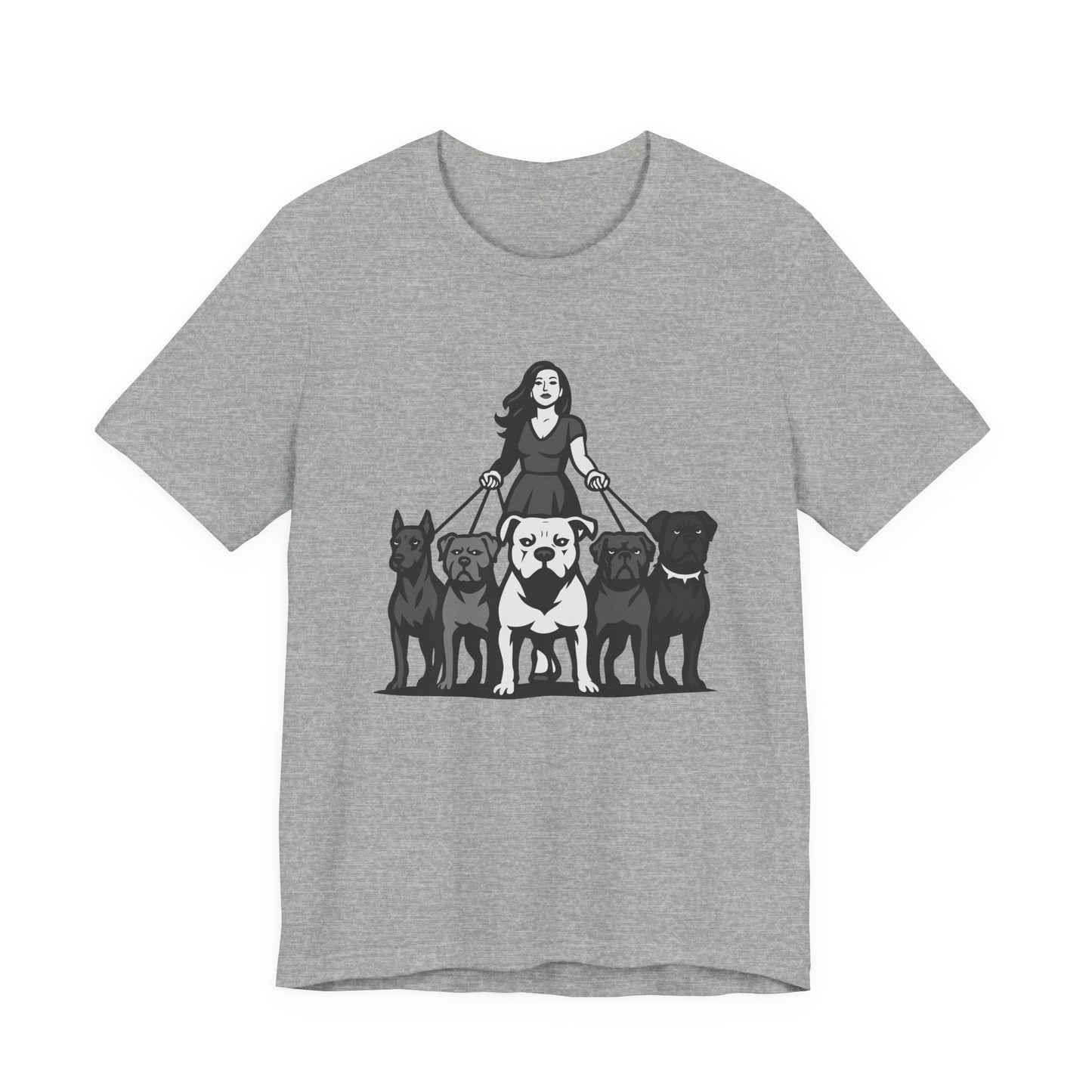 Alpha Woman with Dog Pack Graphic Tee Dark Theme – Confident Dog Walker Vector Design