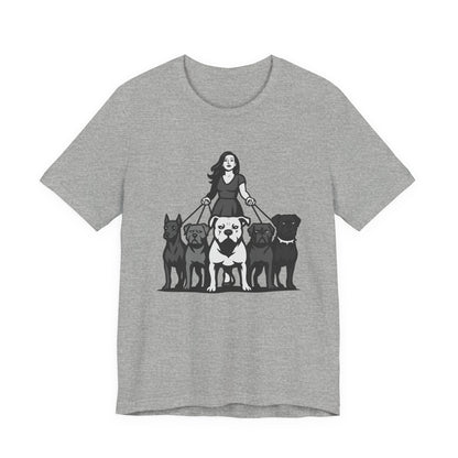 Alpha Woman with Dog Pack Graphic Tee Dark Theme – Confident Dog Walker Vector Design