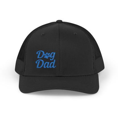 Dog Dad Trucker Hat – Embroidered Minimalist Dog Face Hat for Proud Pet Dads and Canine Companions. Blue Letters