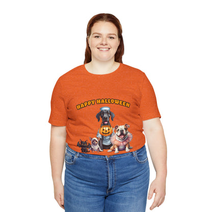 Happy Halloween Pet Parade Shirt – Cute Halloween Dogs and Cat in Costumes. Unisex Jersey Short Sleeve Tee