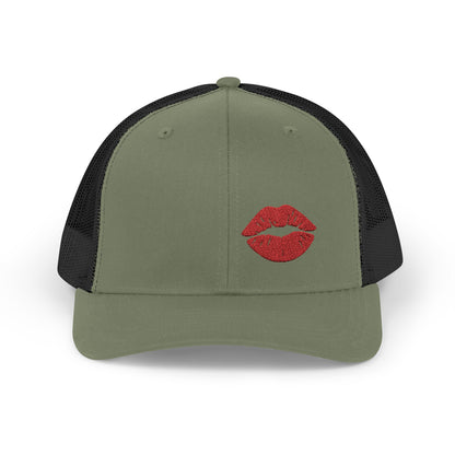 Red Lips Trucker Hat – Embroidered Pop Art Hat with Kiss Design