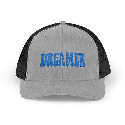 Dreamer Trucker Hat – Embroidered Minimalist Script Hat for Visionaries, Creatives, and Chill Daydreamers. Blue Letters