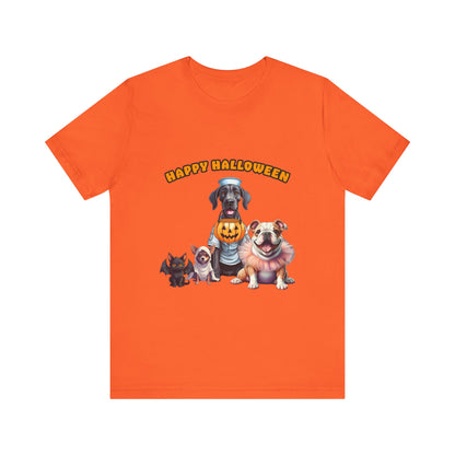 Happy Halloween Pet Parade Shirt – Cute Halloween Dogs and Cat in Costumes. Unisex Jersey Short Sleeve Tee