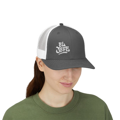 El Jefe Trucker Hat – Embroidered Bold Text Hat for Boss Energy, Leadership Style, and Latin Flair. White Letters