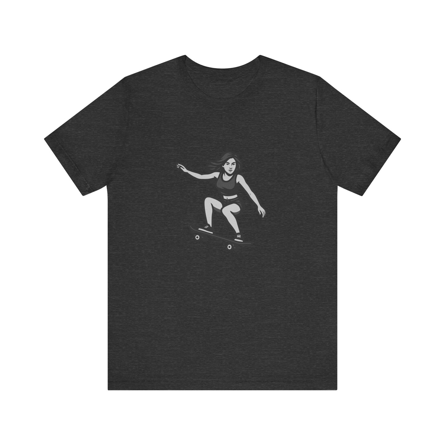 Skater Girl Graphic T-Shirt – Dark Theme Grayscale Skateboarding Design on Black Tee with Bold Motion and Modern Ghost Effect. Unisex Jersey Short Sleeve Tee