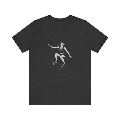 Skater Girl Graphic T-Shirt – Dark Theme Grayscale Skateboarding Design on Black Tee with Bold Motion and Modern Ghost Effect. Unisex Jersey Short Sleeve Tee