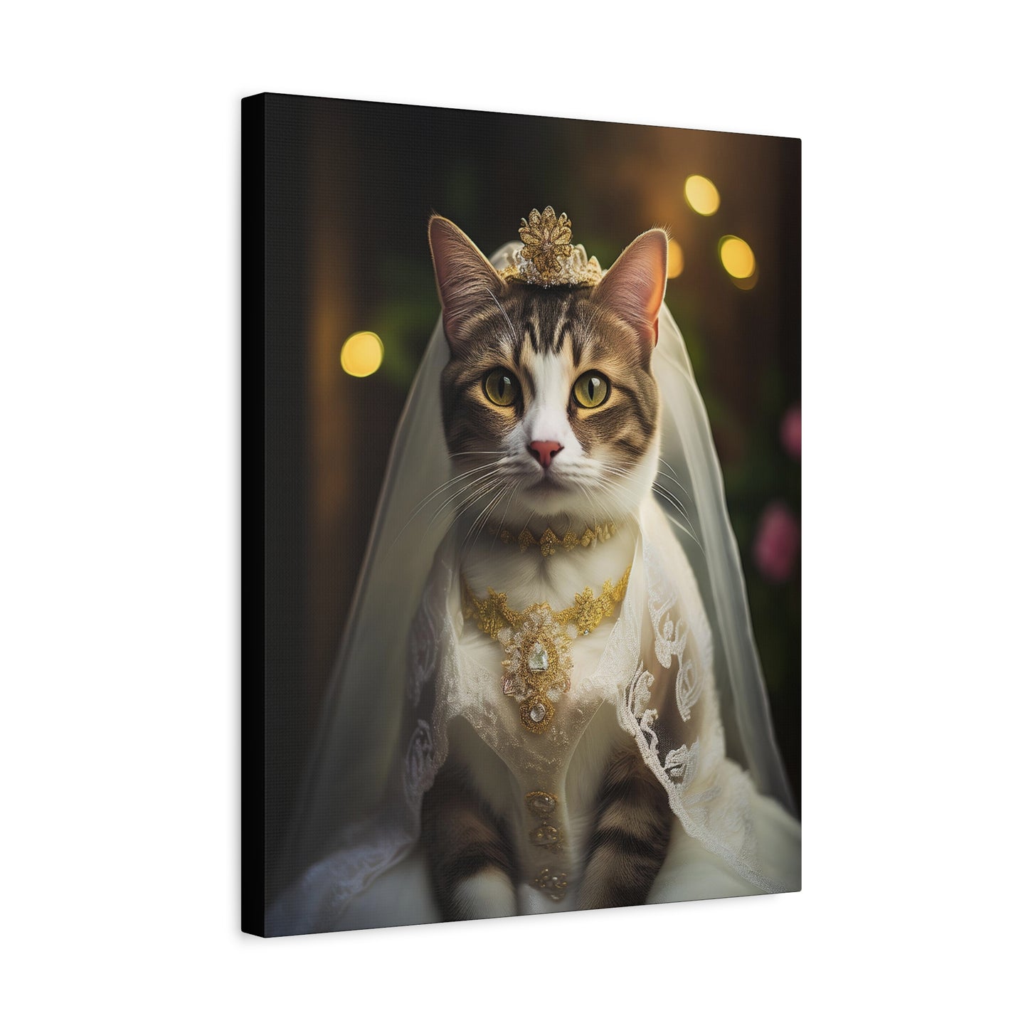 Cat Bride in White Lace Dress Canvas Art | Stretched Matte Wall Decor