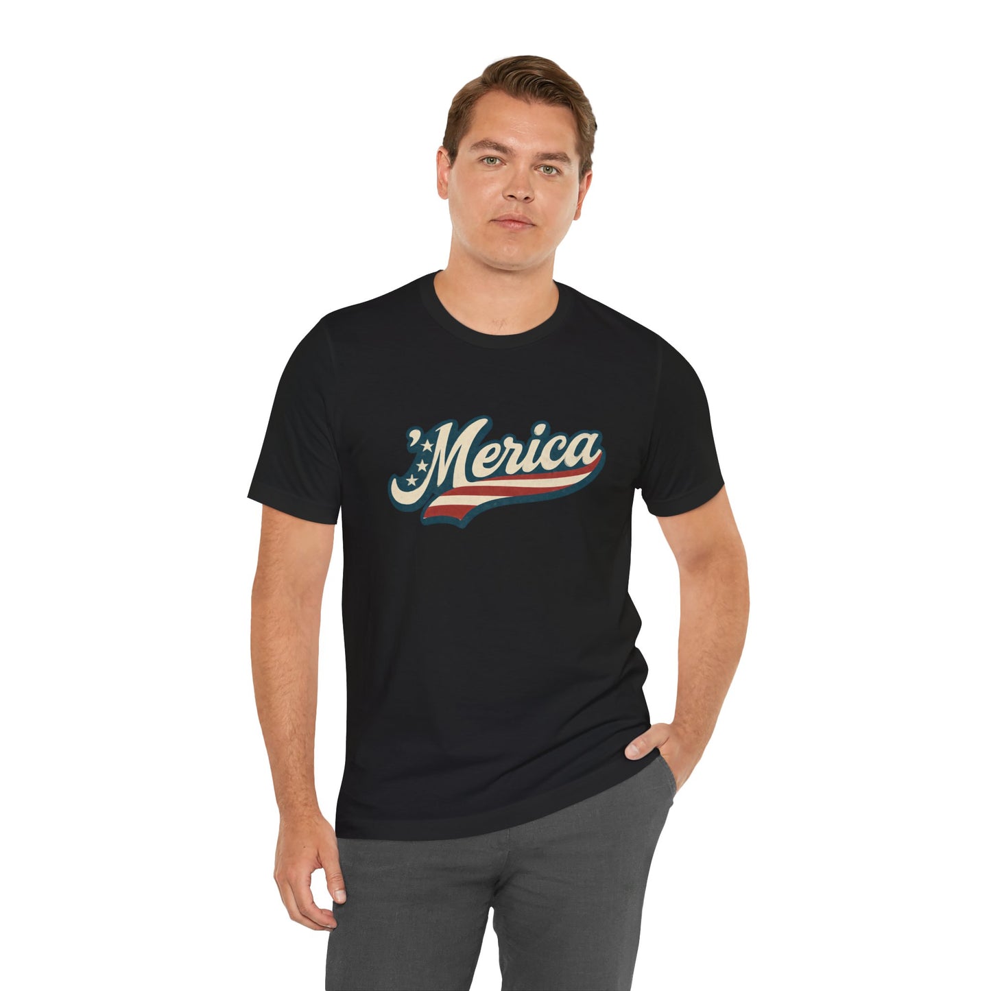 'Merica Vintage Script Shirt – Patriotic Retro USA Tee for 4th of July – Independence Day American Pride Design. Unisex Jersey Short Sleeve Tee