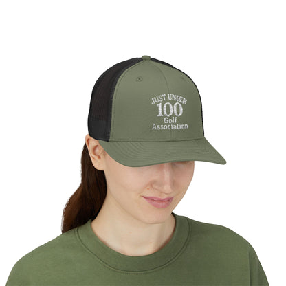 Just Under 100 Golf Trucker Hat – Embroidered Funny Golf Hat for Weekend Golfers and Casual Fairway Vibes. White Letters