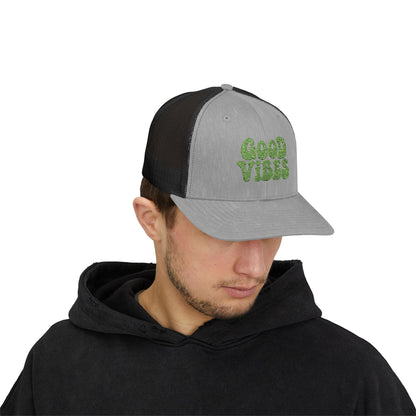 Good Vibes Trucker Hat – Embroidered Retro Text Hat for Positive Vibes, Chill Style, and Everyday Feel-Good Energy. Green Letters
