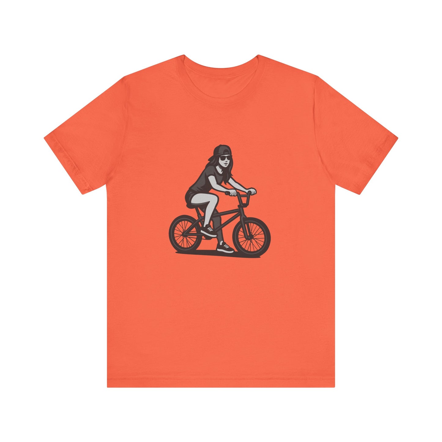 Cool Girl on Bike Graphic T-Shirt – Laid-Back Dark Theme Grayscale Rider Design on Black Tee with Street Style and Subtle Modern Ghost Effect. Unisex Jersey Short Sleeve Tee