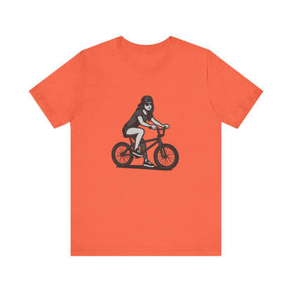 Cool Girl on Bike Graphic T-Shirt – Laid-Back Dark Theme Grayscale Rider Design on Black Tee with Street Style and Subtle Modern Ghost Effect. Unisex Jersey Short Sleeve Tee