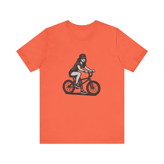 Cool Girl on Bike Graphic T-Shirt – Laid-Back Dark Theme Grayscale Rider Design on Black Tee with Street Style and Subtle Modern Ghost Effect. Unisex Jersey Short Sleeve Tee
