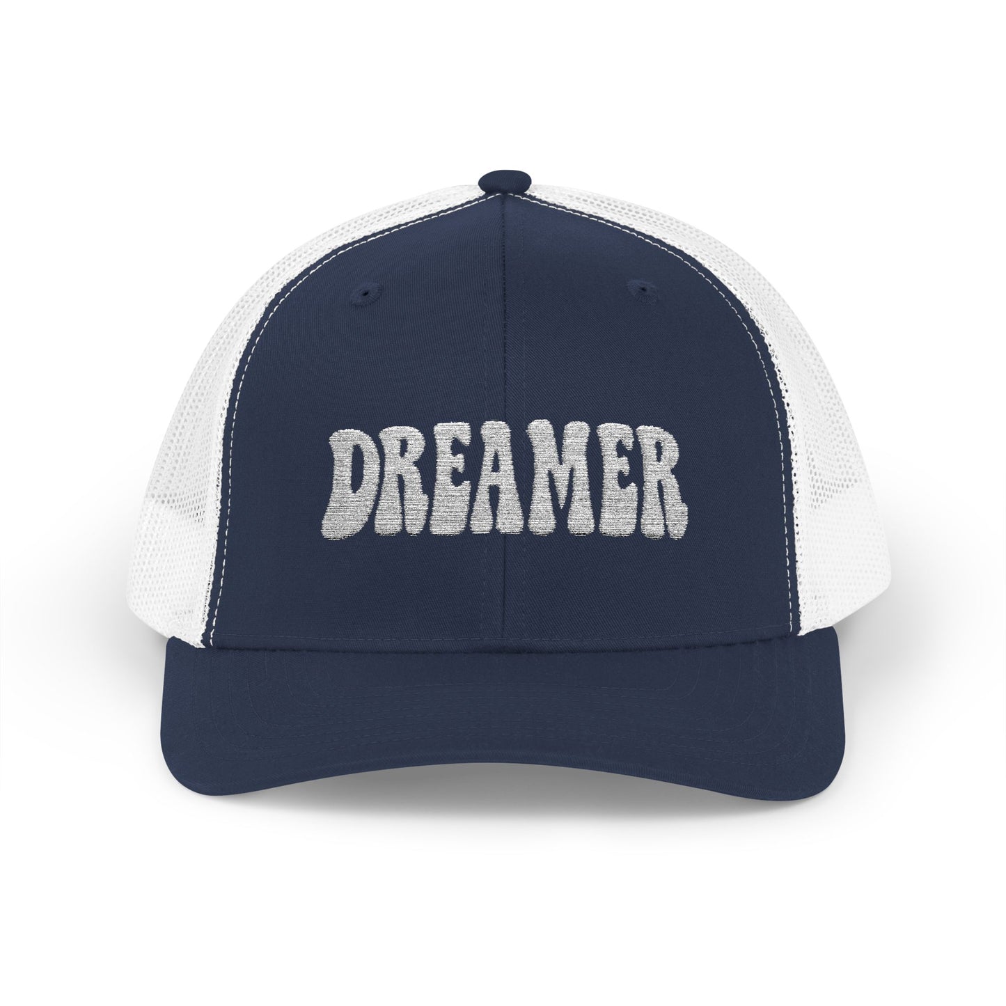 Dreamer Trucker Hat – Embroidered Minimalist Script Hat for Visionaries, Creatives, and Chill Daydreamers. White Letters