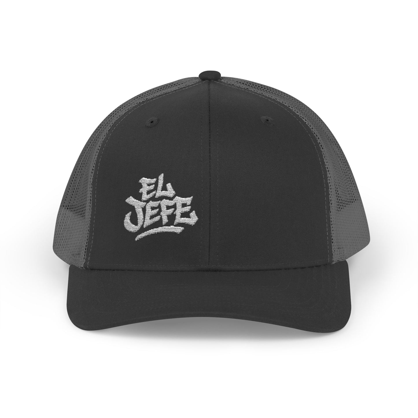 El Jefe Trucker Hat – Embroidered Bold Text Hat for Boss Energy, Leadership Style, and Latin Flair. White Letters