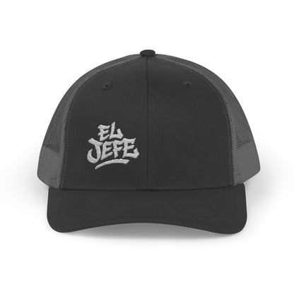 El Jefe Trucker Hat – Embroidered Bold Text Hat for Boss Energy, Leadership Style, and Latin Flair. White Letters