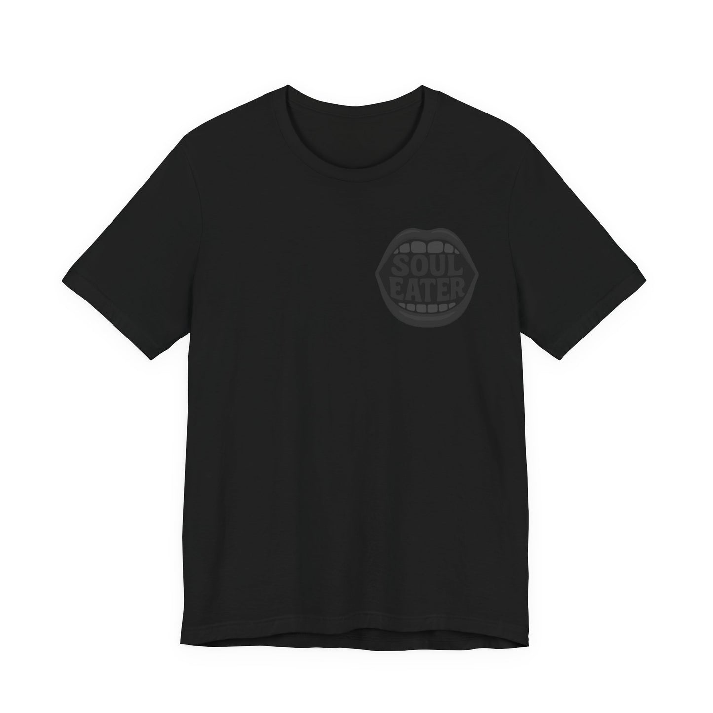 Soul Eater Mouth Graphic T-Shirt – Dark Theme Grayscale Teeth Typography on Black Tee with Horror Vibes and Modern Ghost Effect. Unisex Jersey Short Sleeve Tee