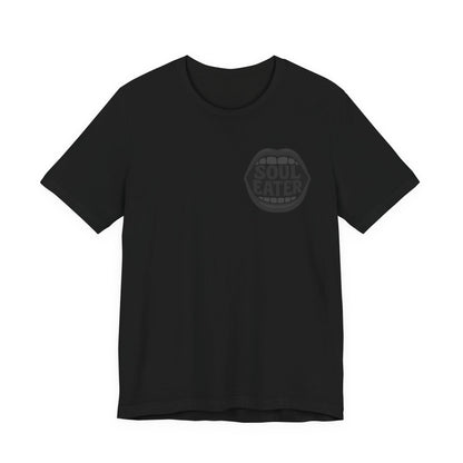 Soul Eater Mouth Graphic T-Shirt – Dark Theme Grayscale Teeth Typography on Black Tee with Horror Vibes and Modern Ghost Effect. Unisex Jersey Short Sleeve Tee