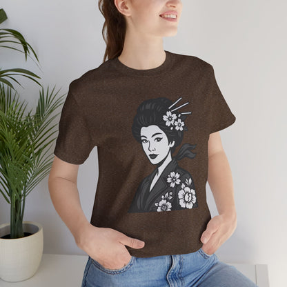Floral Geisha Graphic Tee Dark Theme – Elegant Vector Portrait with Modern Ghost Effect