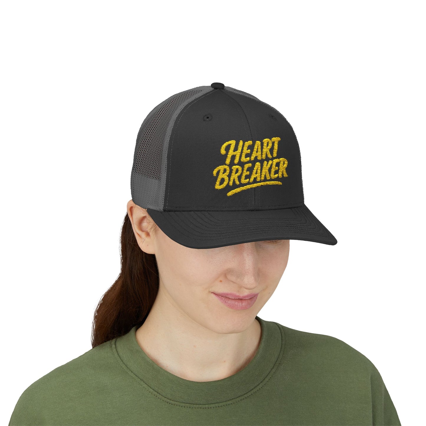 Heartbreaker Trucker Hat – Bold Baseball Hat with Retro Script and Broken Heart Design for Confident Rule-Breakers. Yellow Letters