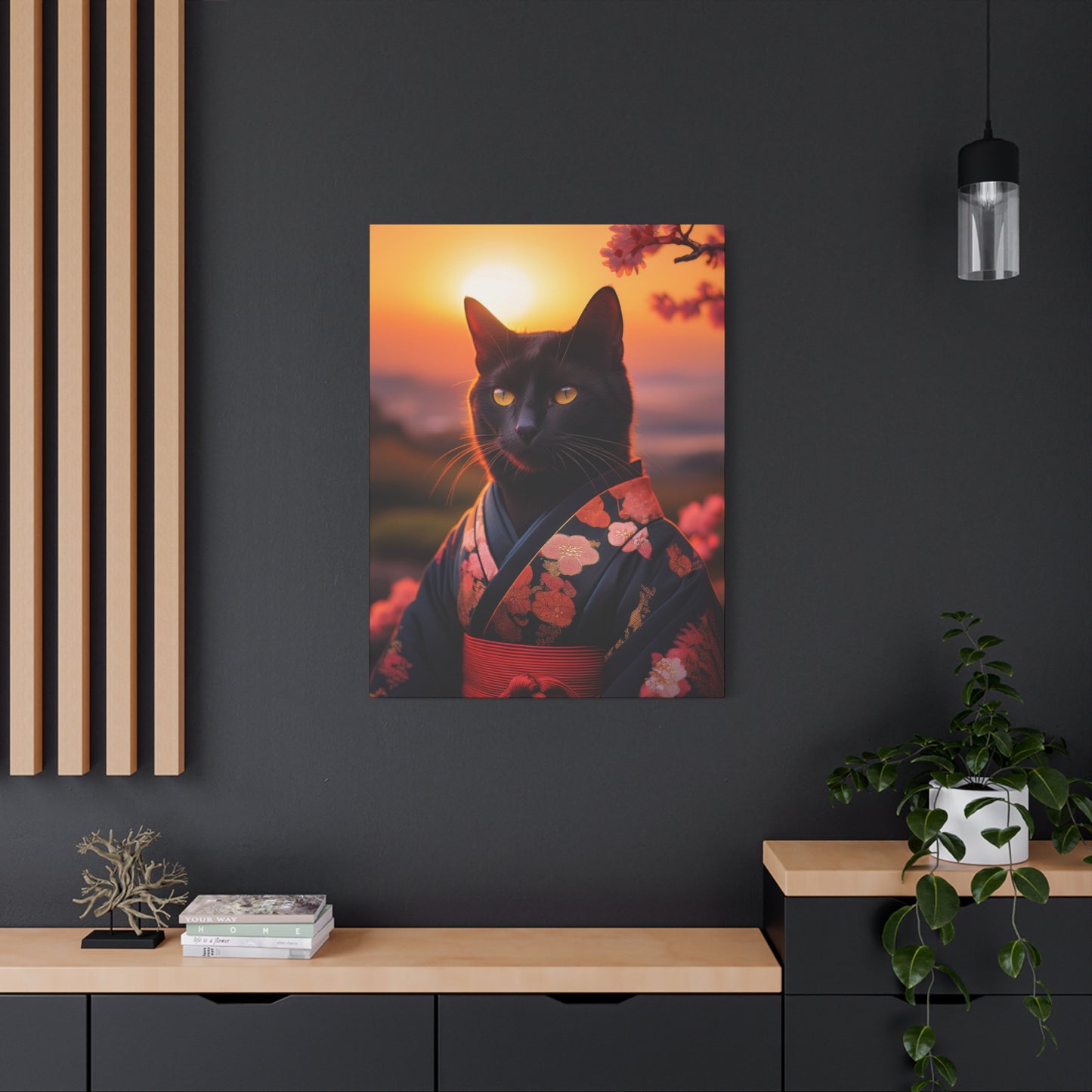 Zen Whiskers: Geisha Cat at Sunset Canvas Art | Stretched Matte Wall Decor 001