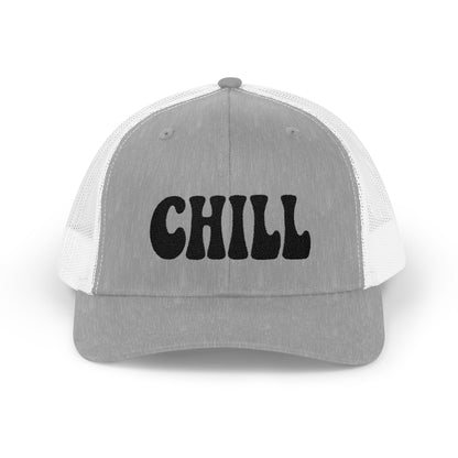 Chill Trucker Hat – Embroidered Relaxed Script Hat for Easygoing Vibes and Everyday Cool. Black Letters