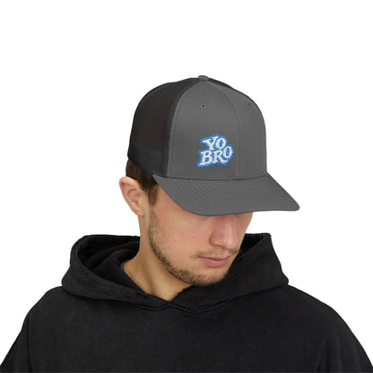 Yo Bro Trucker Hat – Embroidered Blue & White Hat for Laid-Back Vibes