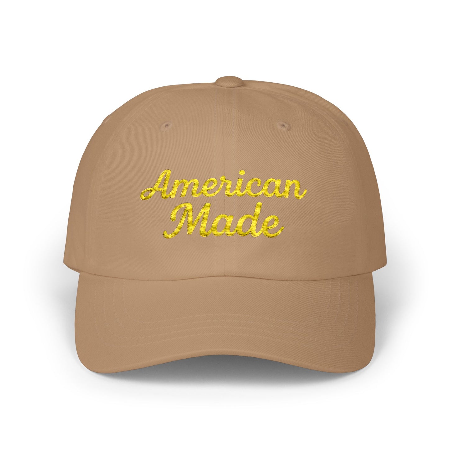 American Made Classic Dad Hat – Embroidered Patriotic Baseball Hat with Retro Script for USA Pride and Everyday Wear.  Yellow letters