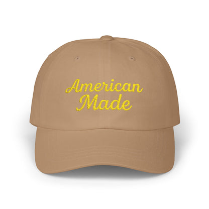 American Made Classic Dad Hat – Embroidered Patriotic Baseball Hat with Retro Script for USA Pride and Everyday Wear.  Yellow letters