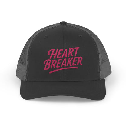 Heartbreaker Trucker Hat – Bold Baseball Hat with Retro Script and Broken Heart Design for Confident Rule-Breakers. Pink Letters
