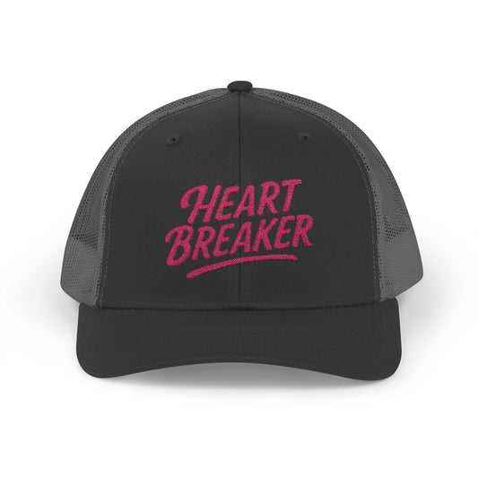 Heartbreaker Trucker Hat – Bold Baseball Hat with Retro Script and Broken Heart Design for Confident Rule-Breakers. Pink Letters