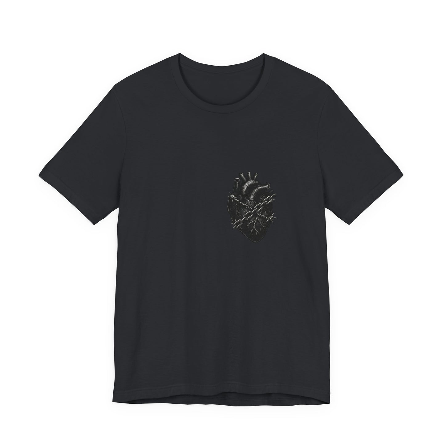 Heart in Chains Shirt – Dark Theme Anatomical Heart Wrapped in Barbed Wire and Commitment Issues. Unisex Jersey Short Sleeve Tee