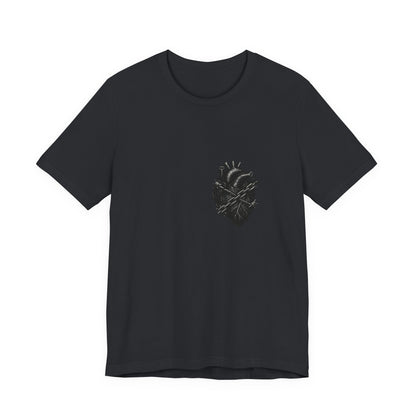 Heart in Chains Shirt – Dark Theme Anatomical Heart Wrapped in Barbed Wire and Commitment Issues. Unisex Jersey Short Sleeve Tee
