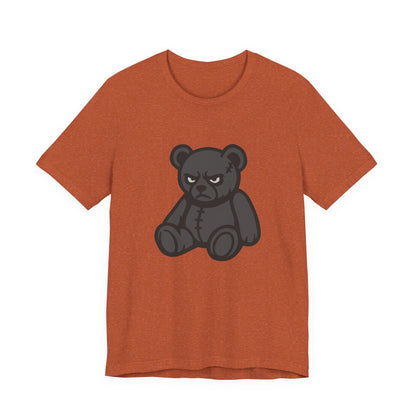 Angry Teddy Bear Graphic T-Shirt – Dark Theme Grayscale Plush with Attitude on Black Tee for Edgy or Ironic Style. Unisex Jersey Short Sleeve Tee